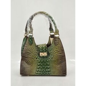 NEW Makcr Joacbv Crocodile Embossed Leathe Zipper Satchel Purse Green/Brown